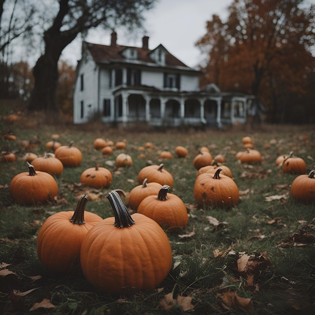 Calabazas de Halloween frente a la casa antigua