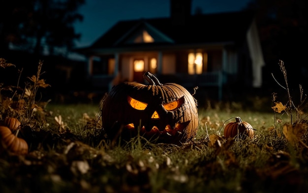 Calabazas de Halloween frente a una casa por la noche