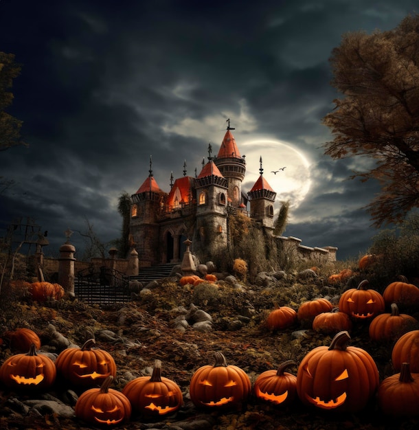 Calabazas de Halloween frente a un castillo