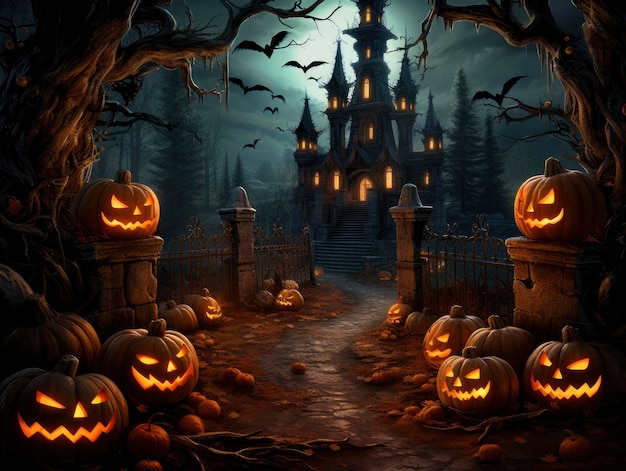 Calabazas de Halloween frente a un castillo