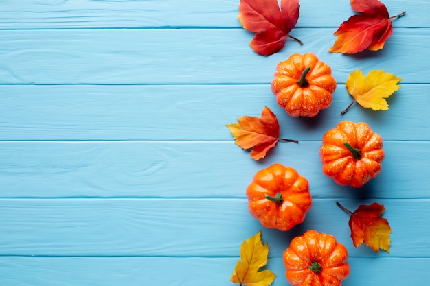 Calabazas de Halloween y hojas de otoño