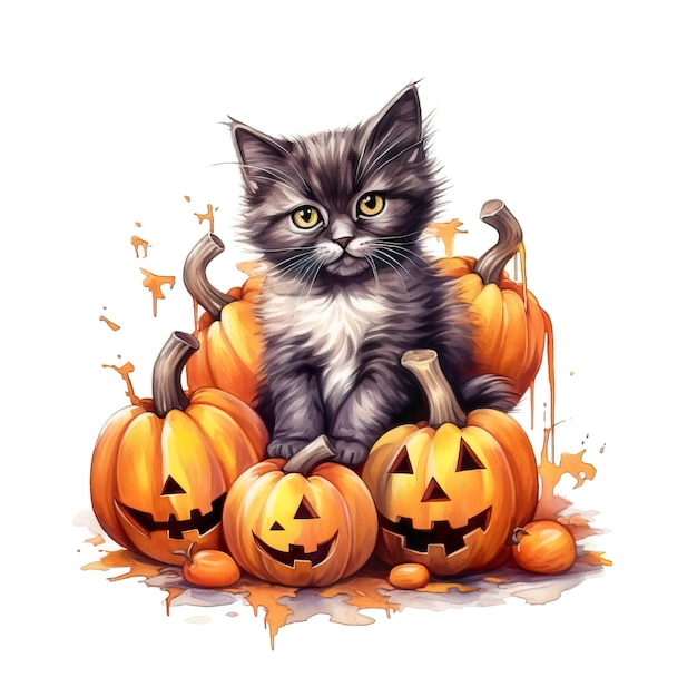 Las calabazas de Halloween y las ilustraciones de gatos