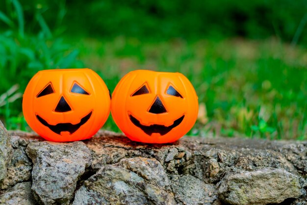 Calabazas de Halloween en un jardín.