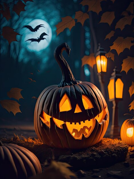 Calabazas de Halloween y linternas de Jack o en un fondo oscuro y espeluznante