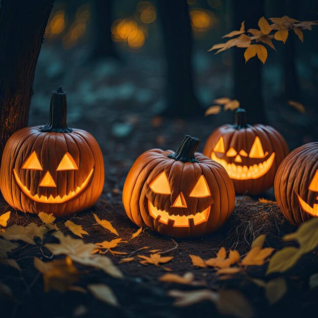 Calabazas de Halloween y linternas de Jack o en un fondo oscuro y espeluznante