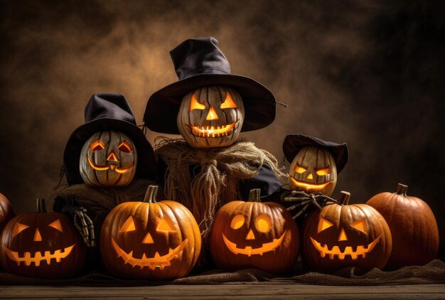 Calabazas de Halloween con linternas con sombreros de brujos Personajes de Halloween asustadizos IA generativa