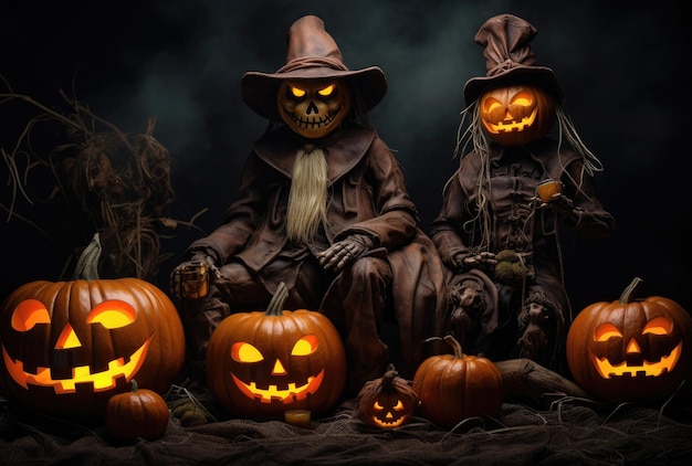Calabazas de Halloween con linternas con sombreros de brujos Personajes de Halloween asustadizos IA generativa