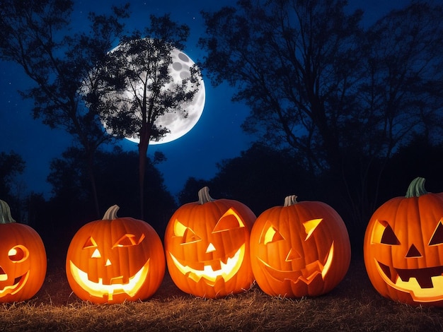 Calabazas de Halloween bajo la luz de la luna