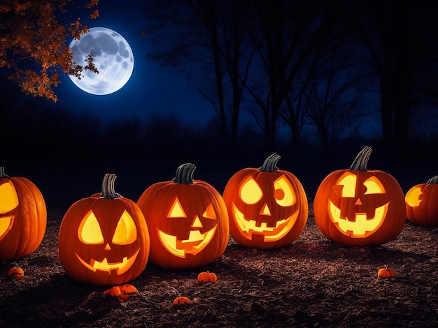 Calabazas de Halloween bajo la luz de la luna