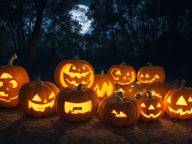 Calabazas de Halloween bajo la luz de la luna