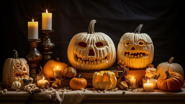 Calabazas de Halloween a la luz de las velas