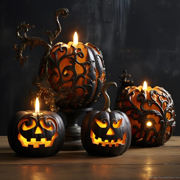 Calabazas de Halloween a la luz de las velas