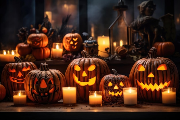 Calabazas de Halloween a la luz de las velas