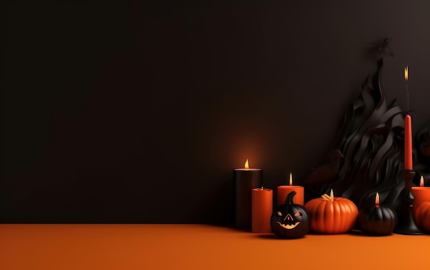 Calabazas de Halloween en una mesa con un fondo negro