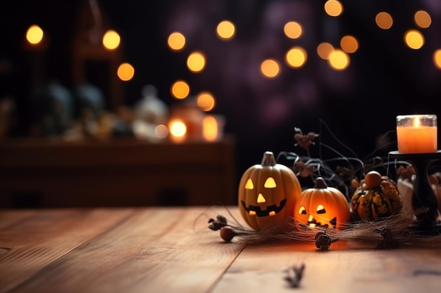 Calabazas de Halloween en una mesa con un fondo oscuro