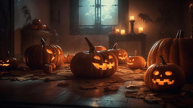 Calabazas de Halloween en mesa de madera con espacio de copia ai generativo