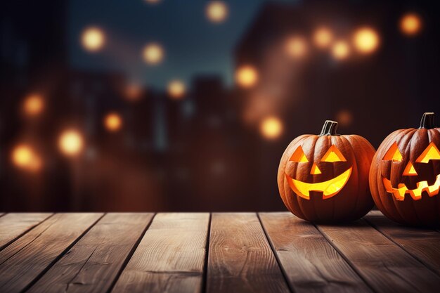 Calabazas de Halloween en mesa de madera con fondo de luces bokeh