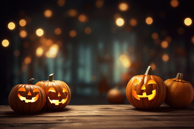 Calabazas de Halloween en mesa de madera con fondo de luces bokeh