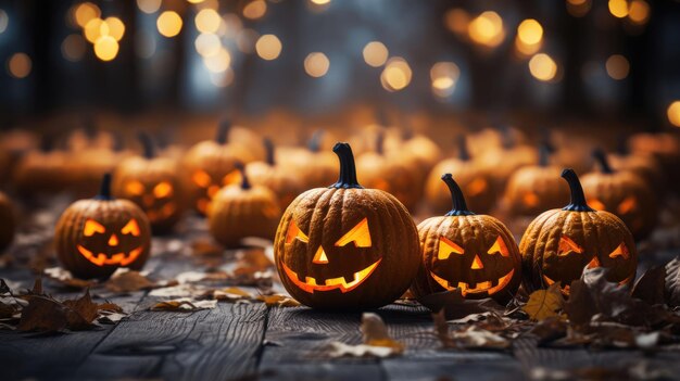 calabazas de halloween en una mesa de madera con luces detrás de ellos