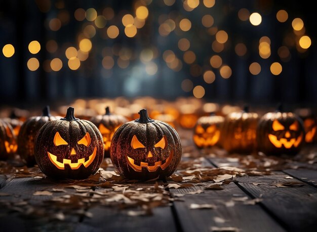 Foto las calabazas de halloween en una mesa de madera sobre un fondo brillante bokeh