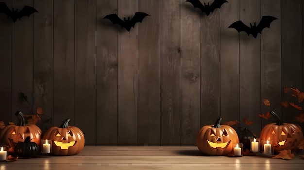 Calabazas de Halloween en una mesa de madera con velas