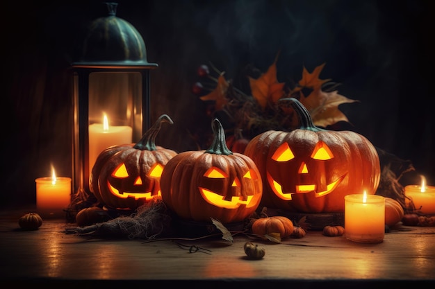 Calabazas de Halloween en una mesa con una vela al fondo