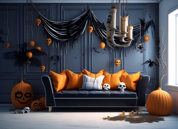 Las calabazas de Halloween se muestran en una habitación oscura.
