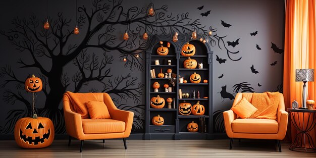 Foto las calabazas de halloween se muestran en una pared en una habitación