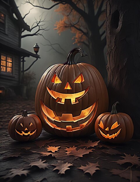 Las calabazas de Halloween y el murciélago en el bosque oscuro por la noche Escena de Halloween