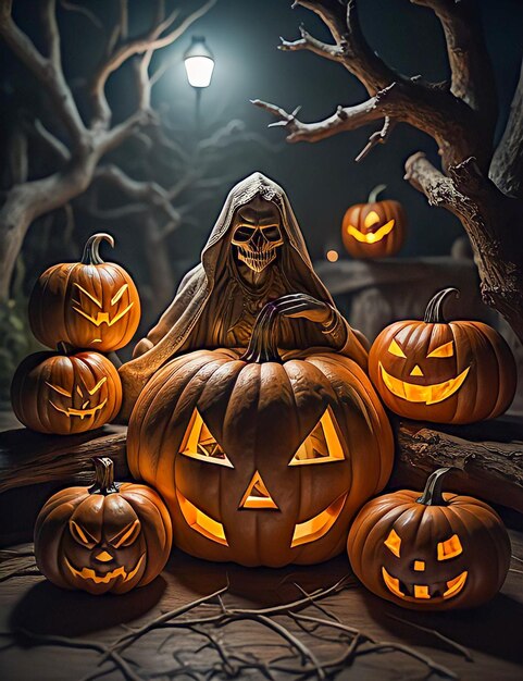 Las calabazas de Halloween y el murciélago en el bosque oscuro por la noche Escena de Halloween