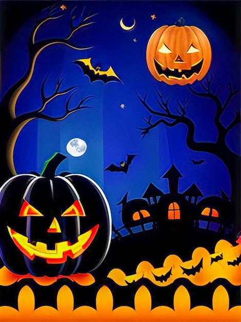 Calabazas de Halloween y murciélagos en el bosque oscuro por la noche Escena de Halloween Dibujos animados