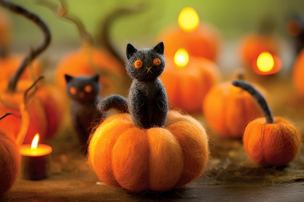 Calabazas de Halloween con ojos naranjas y un gato negro encima