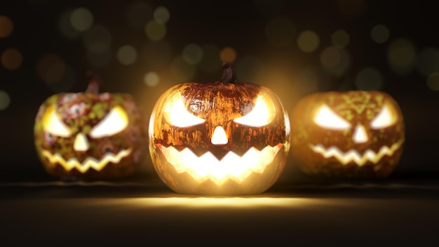 Calabazas de Halloween en la oscuridad con efecto de desenfoque de profundidad de campo. Ilustración 3d, adecuada para temas de halloween.