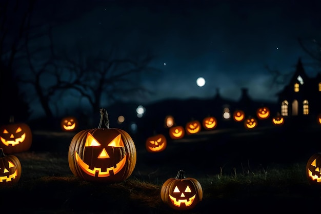 Calabazas de Halloween en la oscuridad con la luna detrás de ellas.