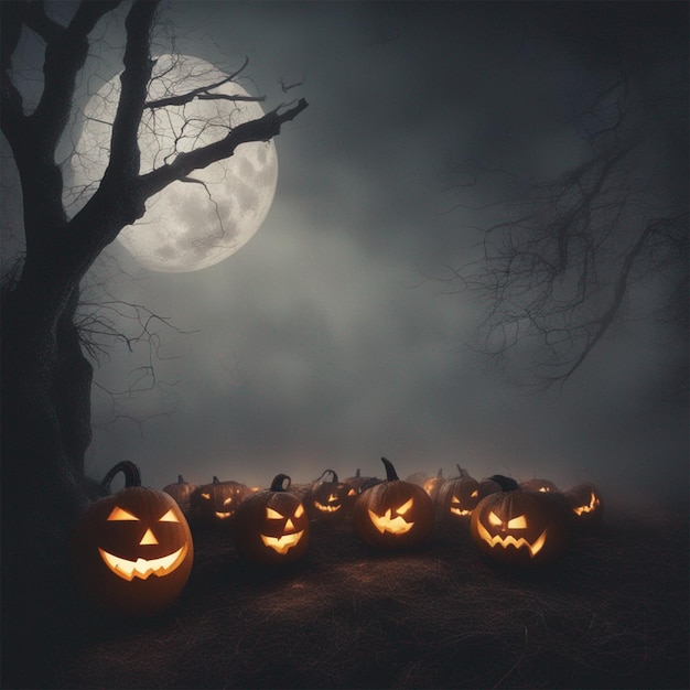 Las calabazas de Halloween en un paisaje nebuloso iluminado por la luna