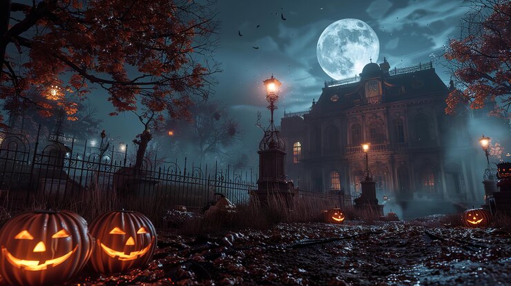 calabazas de halloween en el patio de una casa con una luna llena detrás de ella