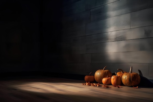 Calabazas de halloween en el piso con espacio de copia de pared y sombras imagen ancha generada por ai