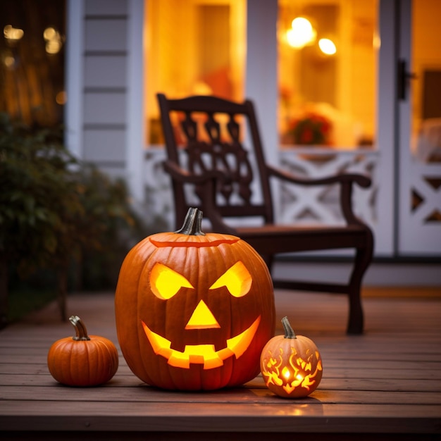 Calabazas de Halloween sobre fondo de madera Concepto espeluznante de Halloween