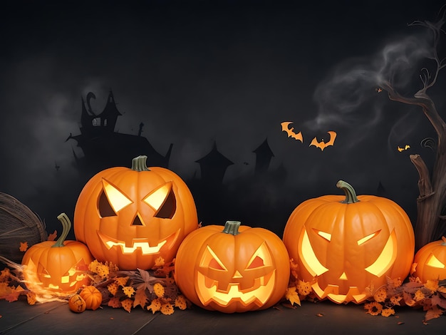 Calabazas de Halloween sobre fondo oscuro con espacio de copia Concepto de fondo de Halloween ilustración 3d