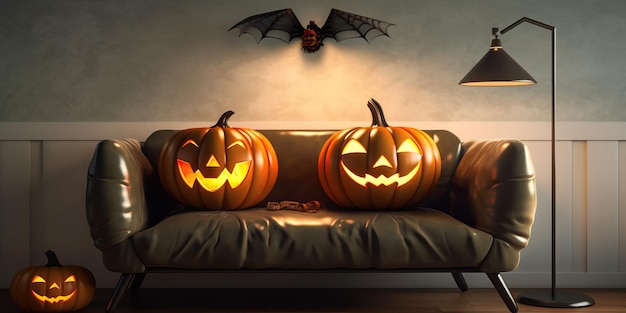calabazas de halloween en el sofá con linternas