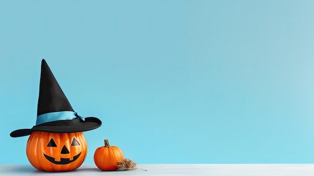 Calabazas de Halloween con sombrero de bruja en el espacio de copia de fondo azul