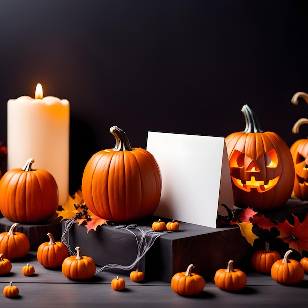 Calabazas de Halloween con tarjeta en blanco y velas sobre fondo negro