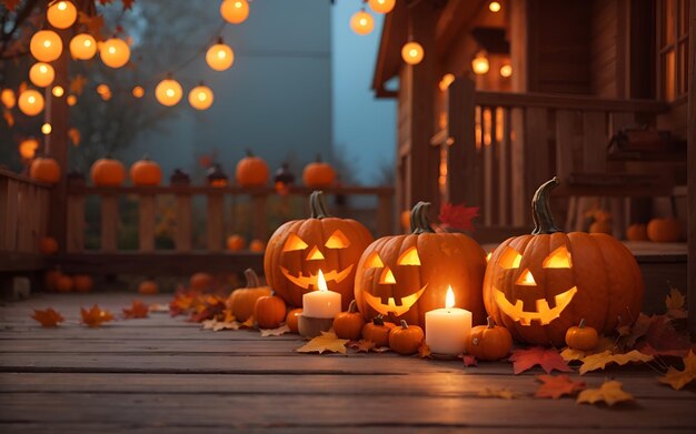 Calabazas de Halloween con velas encendidas en la terraza de madera por la noche