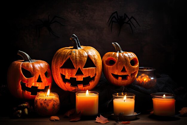 Calabazas de Halloween con velas sobre un fondo oscuro