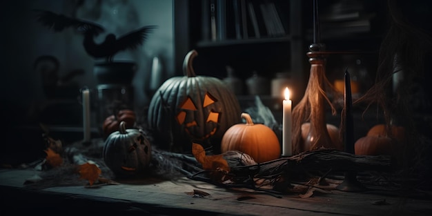 Calabazas de Halloween y velas sobre la mesa en el interior de una casa antigua
