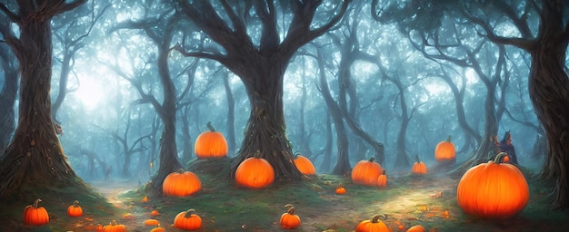 Las calabazas de Halloween yacen en el bosque bajo los árboles Panorama de un bosque fabuloso en la víspera de la ilustración 3d de Halloween