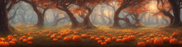 Las calabazas de Halloween yacen en el bosque bajo los árboles Panorama de un bosque fabuloso en la víspera de la ilustración 3d de Halloween