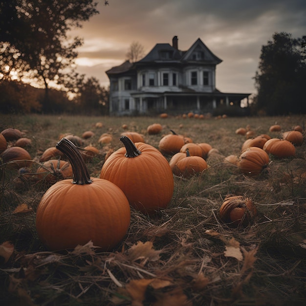 Calabazas de Helloween en la hierba de una casa antigua