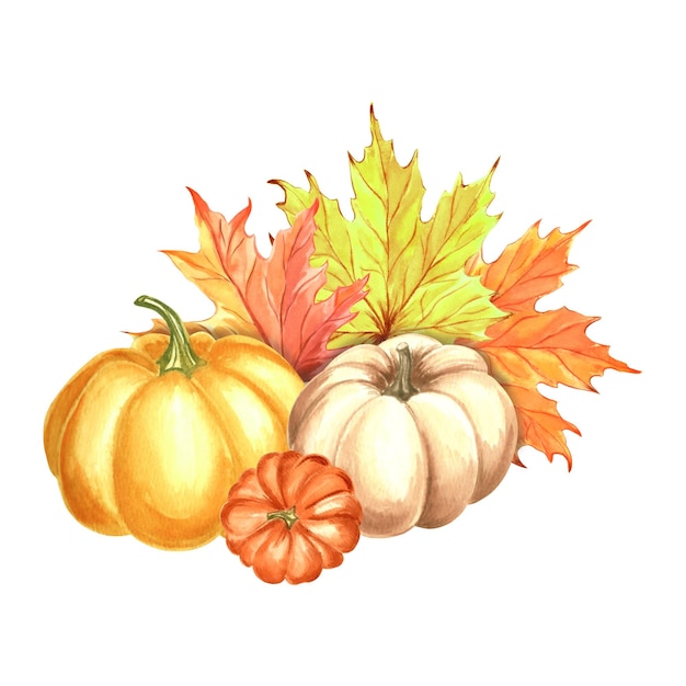 Calabazas con hojas de arce amarillas composición de otoño ilustración de acuarela dibujada a mano