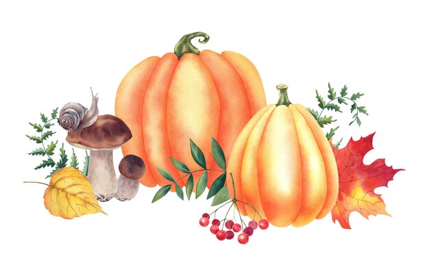 Calabazas con hojas de arce de otoño, bayas de viburnum y setas Una ilustración de acuarela pintada a mano Un ramo de calabazas para Acción de Gracias Un clipart para decoración festiva
